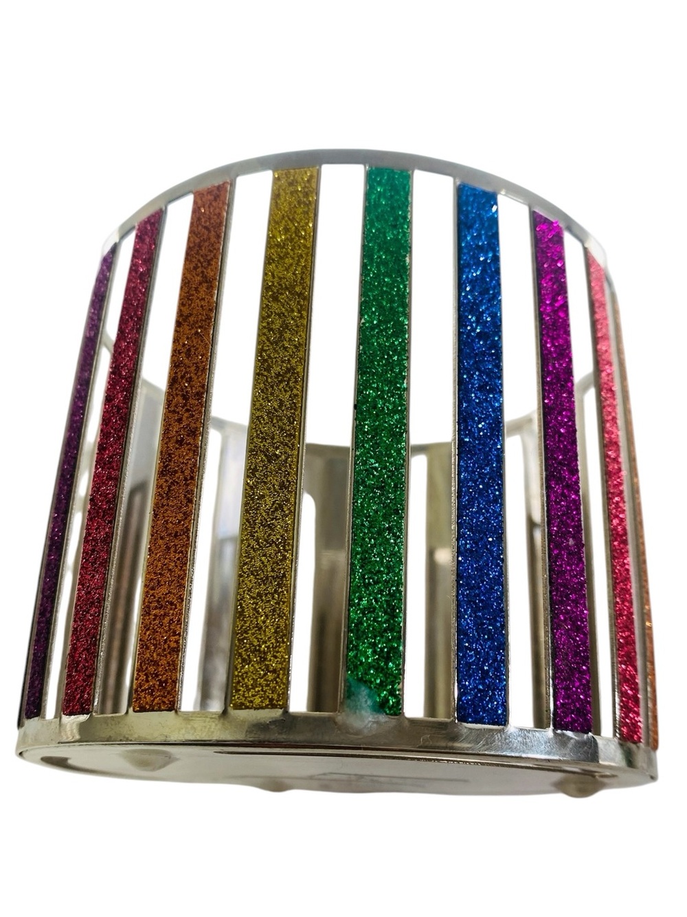 Bath & Body Works Rainbow Striped Glitter Metal 3 Wick Candle Holder - Picture 1 of 7